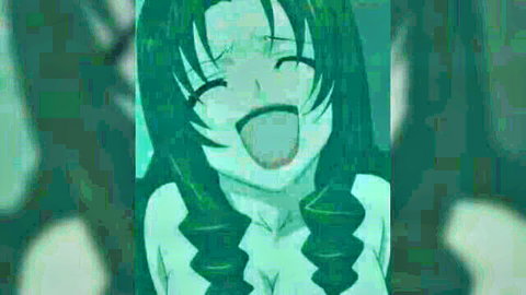 Excited green-haired anime hottie with bare breasts in blowjob hentai