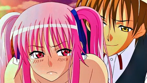 Pink-haired hentai girl with big tits embraced by suited guy in intimate pose