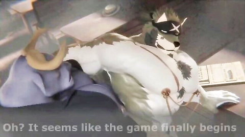 Muscular anthro wolf in BDSM harness during explicit furry sex scene