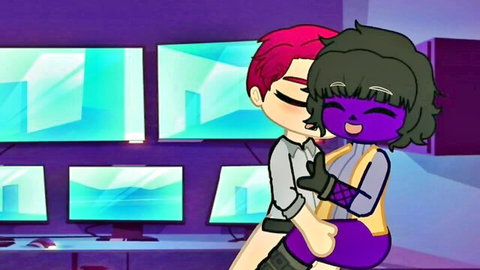 Animated purple-skinned girl intimately embraced by red-haired partner in steamy hug