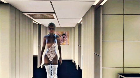 Sexy dark-skinned beauty in revealing lingerie struts in Fallout hallway for hentai fun