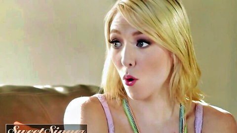 Surprised blonde in pink top, group hookup scene from Sweet Sinner