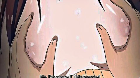 Anime cute sister squeezing big breasts in fear, incest virginity loss scene