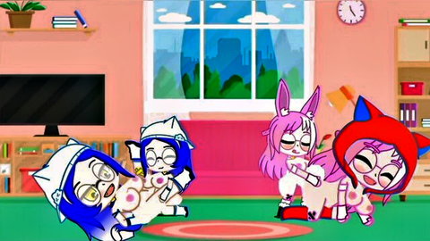 Gacha club animated lesbian orgy with blue, pink bunny and cat girls