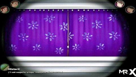 Hentai game menu screen with sexy anime girls portraits behind purple flowery curtains