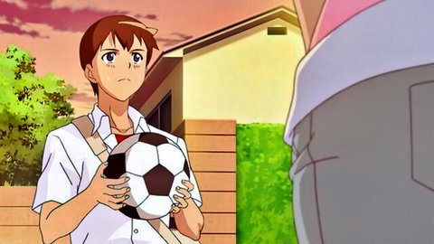Anime schoolboy in uniform holding soccer ball outdoors, Junai Mellow hentai
