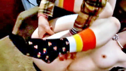 Amateur goth girl nude with candy corn socks, foot fetish play