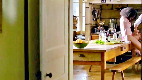 Frederika Milano topless in kitchen, nude tits, curly haired black beauty posing seductively