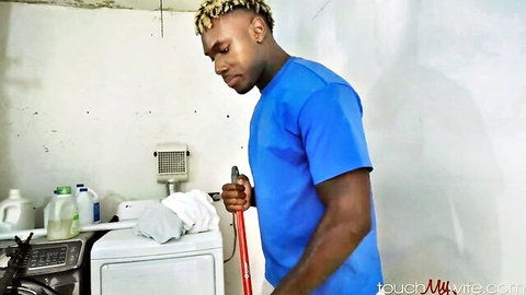 London River's Touch My Wife towel trick with muscular black bull in laundry tease