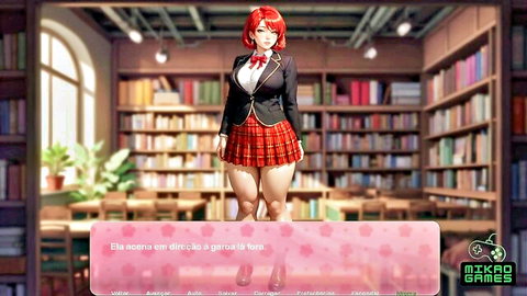 Sexy redhead anime schoolgirl in short plaid skirt and blazer posing with thick thighs in library