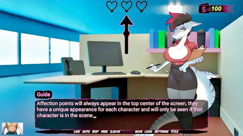Busty anthropomorphic pink fox girl with huge tits in tight office top and skirt posing seductively in hentai game