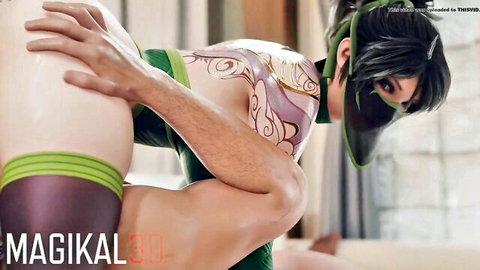 3D animated woman in green costume applies headscissors hold on man, fetish scene