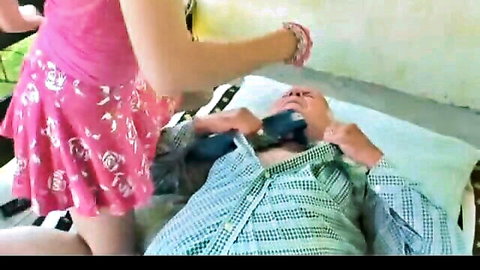 Young teen in pink dress straddles and fucks grandpa on bed