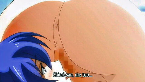 Blue-haired hentai girl showing big ass and censored pussy, seductive glance