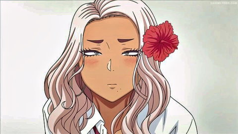 Seductive tanned gyaru with long white hair and red flower in anime hentai thumbnail