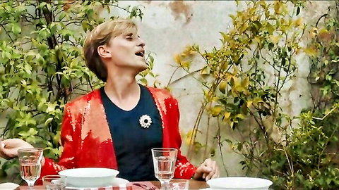 Giulietta Revel in red sequined jacket, funny big tits comedy scene from Next! (2023)