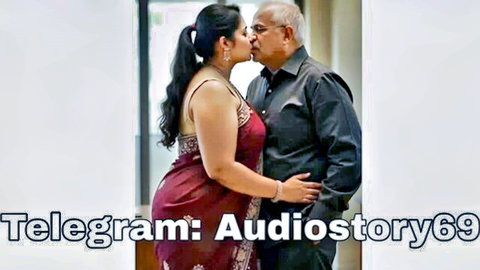 Curvy Indian woman in red saree kisses older man passionately
