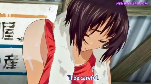 Blushing hentai girl in sexy red dress with fur collar looking shy and embarrassed