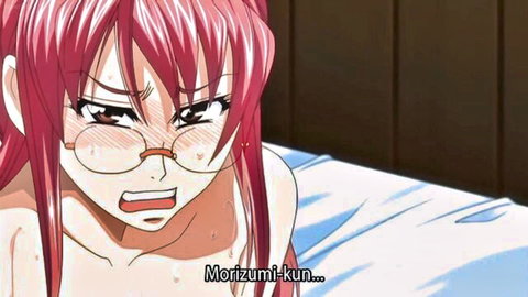 Red-haired anime teacher Ayano topless with glasses, intense expression