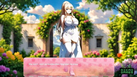 Blonde anime babe with massive tits in revealing white dress teasing in sunny rose garden
