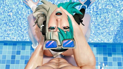Teal-haired anime babe in skimpy bikini held upside down by muscular hunk at poolside with mouth open for cock