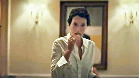 Jeanne Balibar in open white blouse, smoking seductively - Le Systeme Victoria nude scene