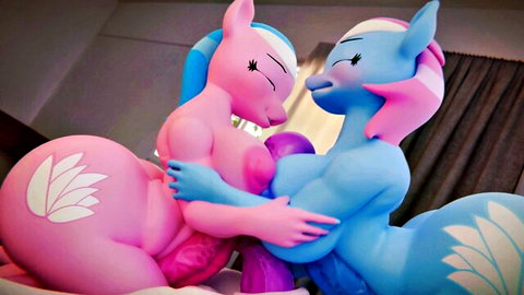 Two colorful anthro pony girls in intimate lesbian embrace, pink and blue fur, visible penetration in Celestial Tension