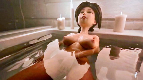 Nude Asian milf relaxing in bath with exposed breasts