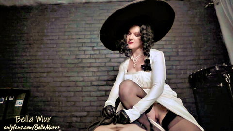 Bella Muir as Lady Dimitrescu dominating in Resident Evil cosplay, white dress and gloves