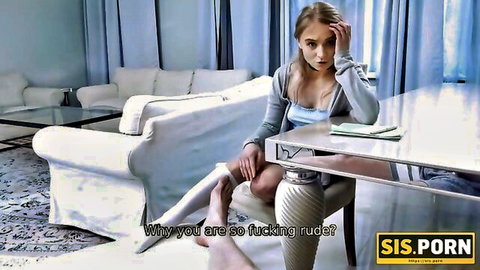 Cute blonde teen in cardigan and stockings looks annoyed in step-sis scene