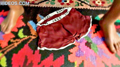Animated Latin step-mommy red shorts and bare feet on rug