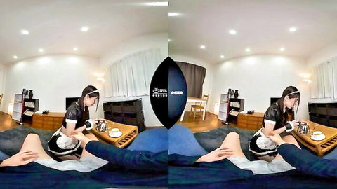 Japanese maid in frilly outfit spreads thick thighs serving tea on bed in VR POV
