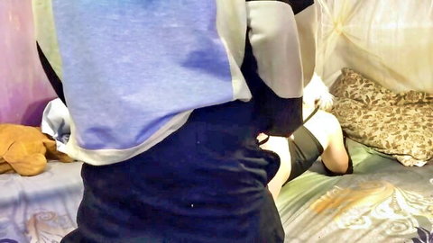 Femboy in blue shirt gets ass fucked and cums on tummy