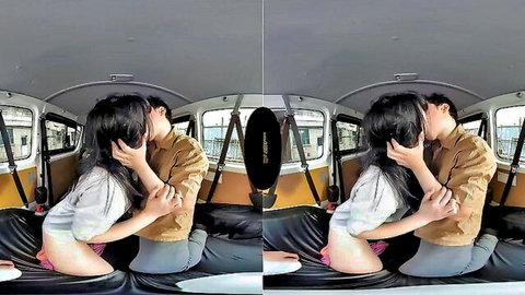 Passionate Asian couple kissing intimately in VR porn scene, skirt upskirt tease