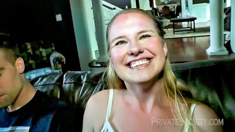 Smiling blonde plumper in white top with man in amateur sex video thumbnail