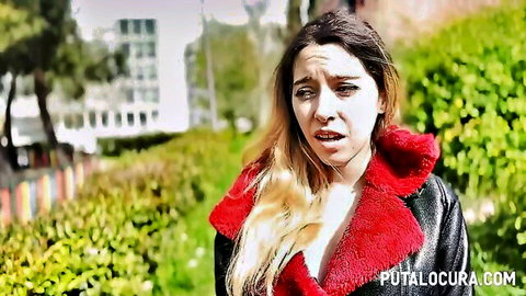Safira Yakkuza teen model in red fur leather jacket outdoors, perfect boobs