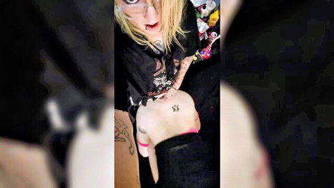 Blonde trans in cowgirl fucks thick cis woman, creampie in glamorous pussy