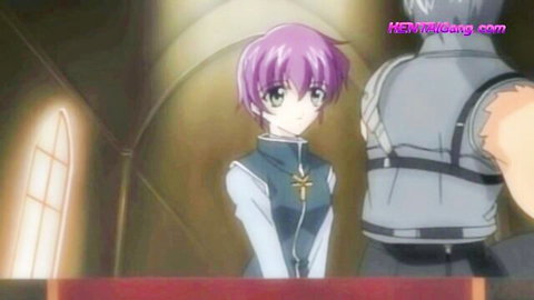 Purple-haired hentai girl in teal dress talks to muscular man in Divine Luv 01 uncensored scene