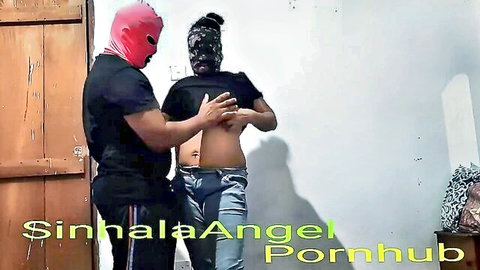 Masked muscular man roughly gropes and squeezes big tits of masked woman in tight top and jeans