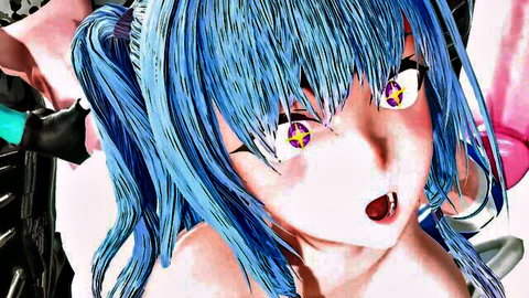 Blue-haired hentai girl with ahegao face, starry purple eyes, and wide open mouth in ecstasy
