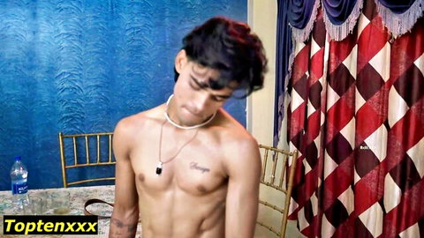 Shirtless muscular Indian man Shrav with tattoos in hot first-time bang