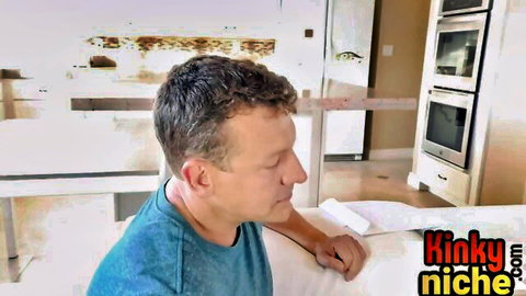 Stepdaddy perv in blue shirt, intense side profile in kitchen scene