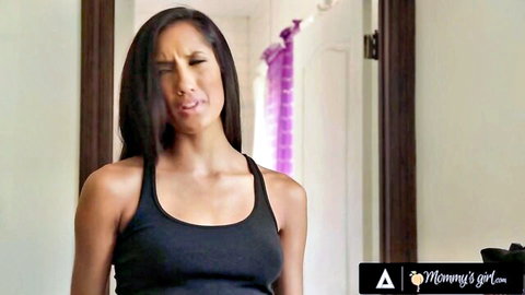 India Summer in black tank top, surprised expression in Mommy's Girl threesome