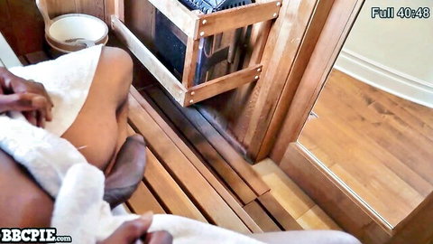 Ebony woman legs spread exposing pussy in towel, stepbro BBC creampie action