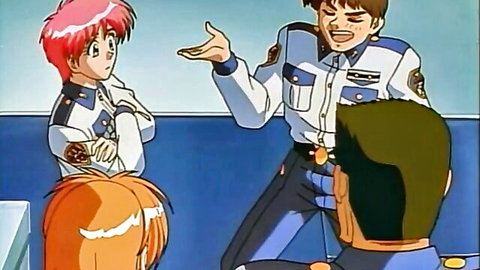 Anime pink-haired police girl gestures to smiling officer while orange-haired cop shows her plump ass from behind