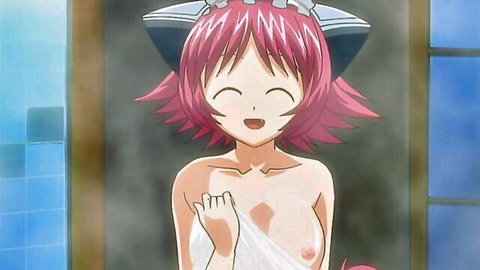 Pink-haired neko girl smiles happily as towel slips off exposing perky tits and hard nipples in steamy bath