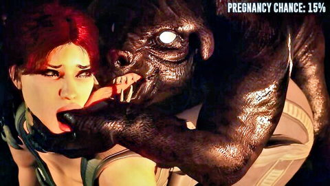 Redhead woman in green top grabbed by monstrous creature in erotic fantasy scene, pregnancy chance 15%