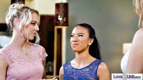 Busty stepmom and stepdaughters in lace dresses, teasing lesbian threesome preview