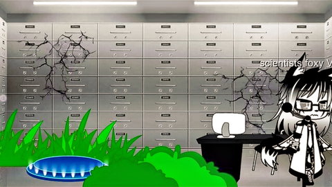 Anime fox girl scientist in lab with lockers and desk