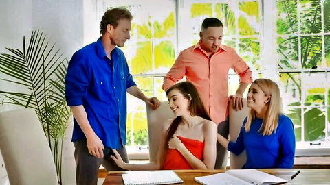 Teens in study group with flirty vibes, woman in red dress surrounded by guys